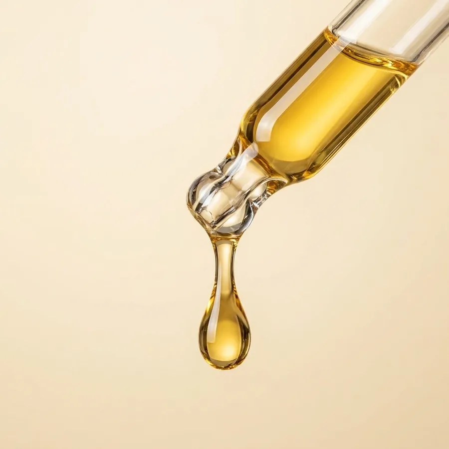 Extreme macro close-up of a glass serum pipette with one golden droplet about to fall, against a plain warm cream background. Studio visual on a light background, one of four ad variants generated with AI on getimg.ai for creative testing.