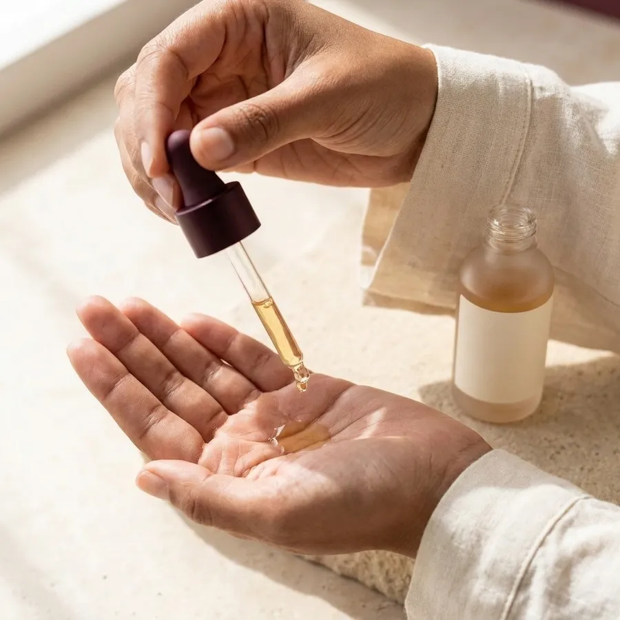Close-up of two hands dispensing golden serum from a dropper into an open palm in bright daylight, with a cream linen sleeve and the serum bottle beside them. Lifestyle visual on a light background, one of four ad variants generated with AI on getimg.ai for creative testing.