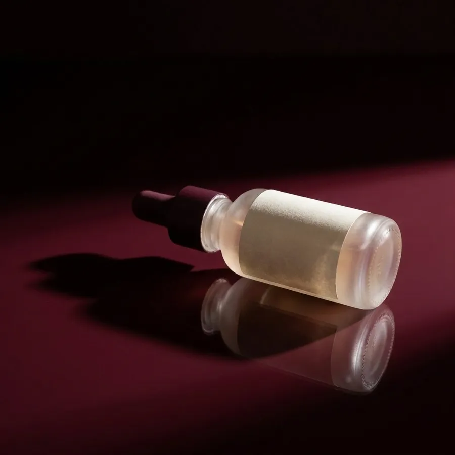 Frosted glass serum bottle with a burgundy cap lying on its side on a glossy deep burgundy surface under one hard spotlight, with a long shadow and a sharp reflection. Studio visual on a dark background, one of four ad variants generated with AI on getimg.ai for creative testing.