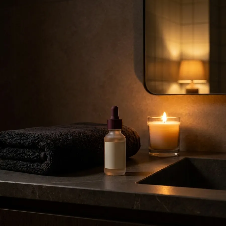 Frosted glass serum bottle on a dark stone bathroom counter at night, beside a folded dark towel and a lit candle, with warm lamp light reflected in a mirror. Lifestyle visual on a dark background, one of four ad variants generated with AI on getimg.ai for creative testing.