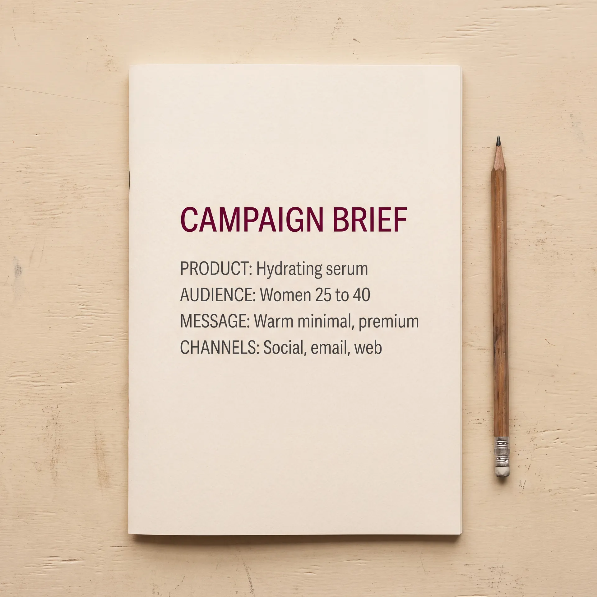 Printed campaign brief page on a pale wooden desk beside a pencil, headed CAMPAIGN BRIEF with the lines PRODUCT Hydrating serum, AUDIENCE Women 25 to 40, MESSAGE Warm minimal premium and CHANNELS Social, email, web. Stage one of the campaign workflow, image generated with AI on getimg.ai.