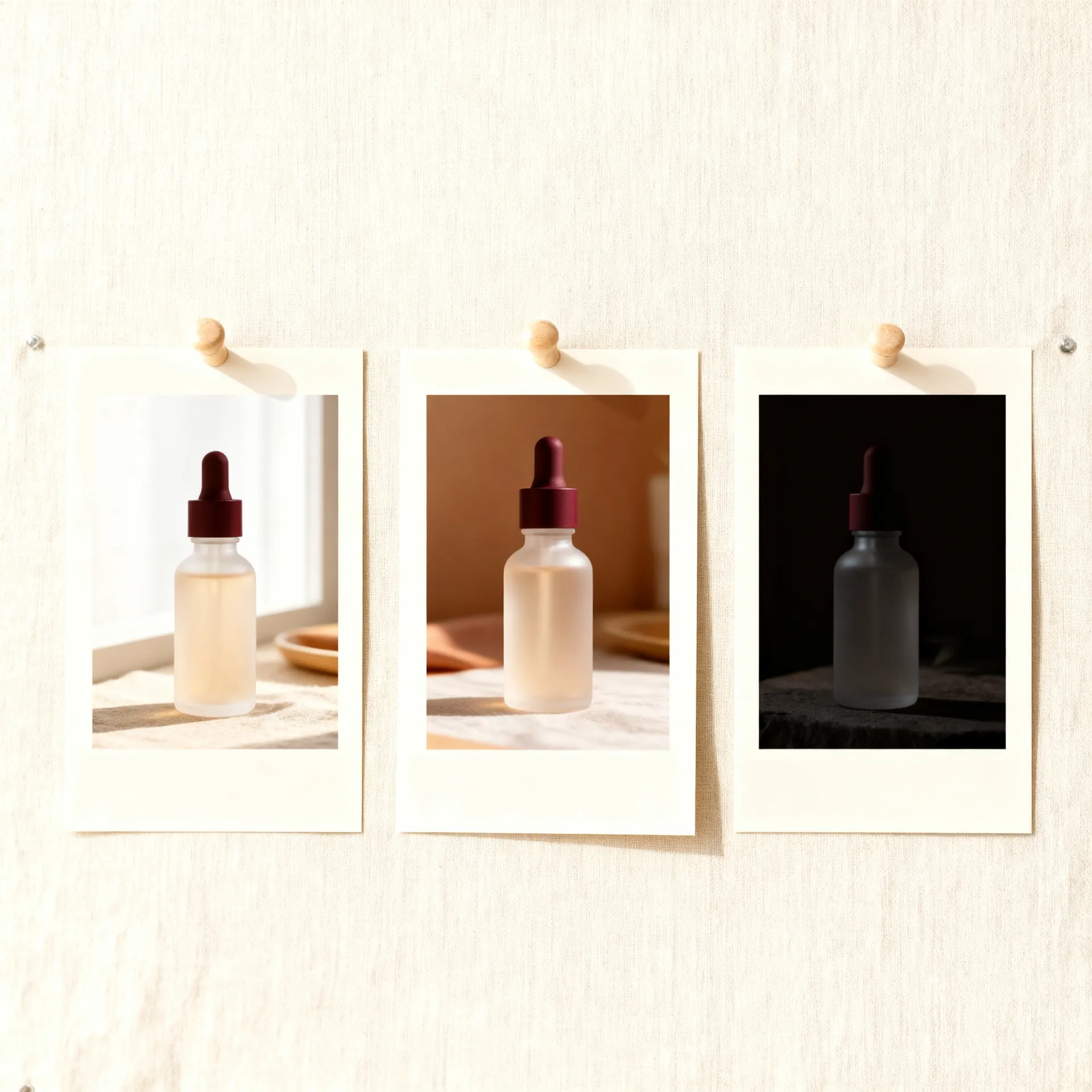 Three small prints pinned side by side on a cream linen board, each showing the same frosted serum bottle shot in a different style: bright studio, warm lifestyle and dark low-key. Stage two of the campaign workflow, exploring creative directions, image generated with AI on getimg.ai.