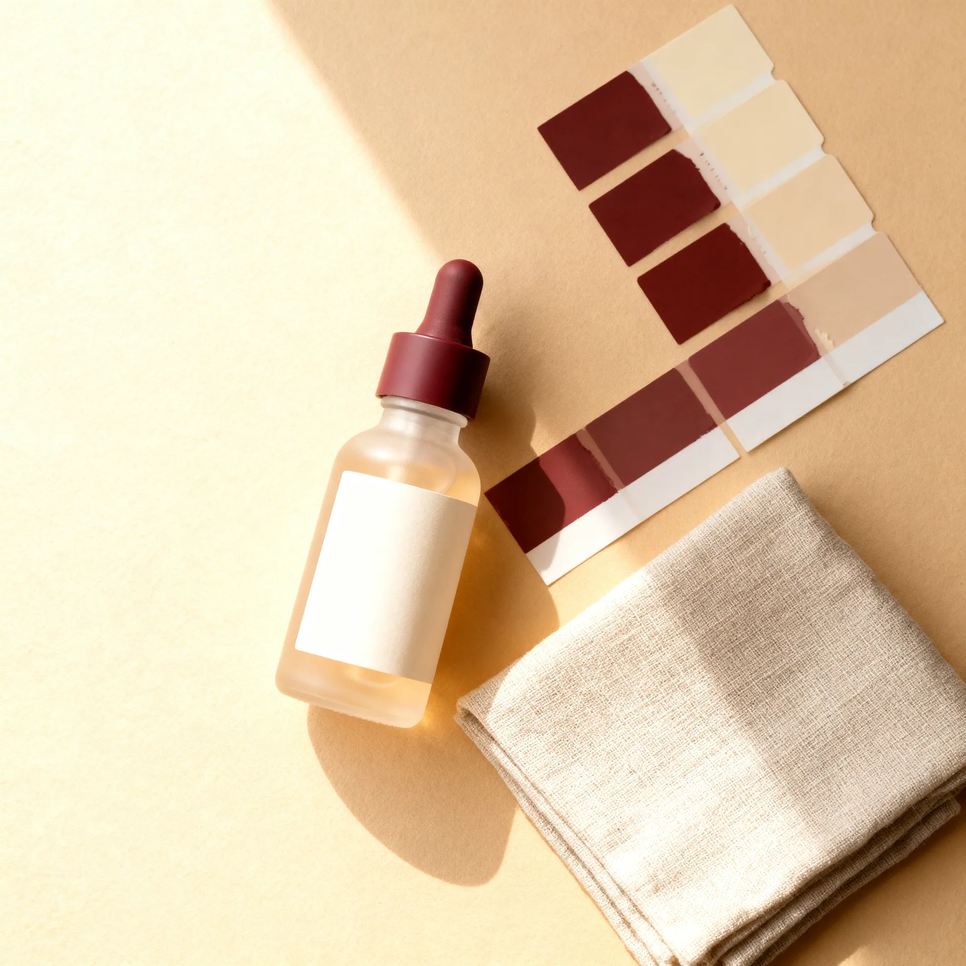 Overhead view of a frosted serum bottle with a burgundy dropper cap on a cream surface beside a row of burgundy and cream paint colour chips and a folded linen swatch. Stage three of the campaign workflow, producing on-brand assets from saved references, image generated with AI on getimg.ai.
