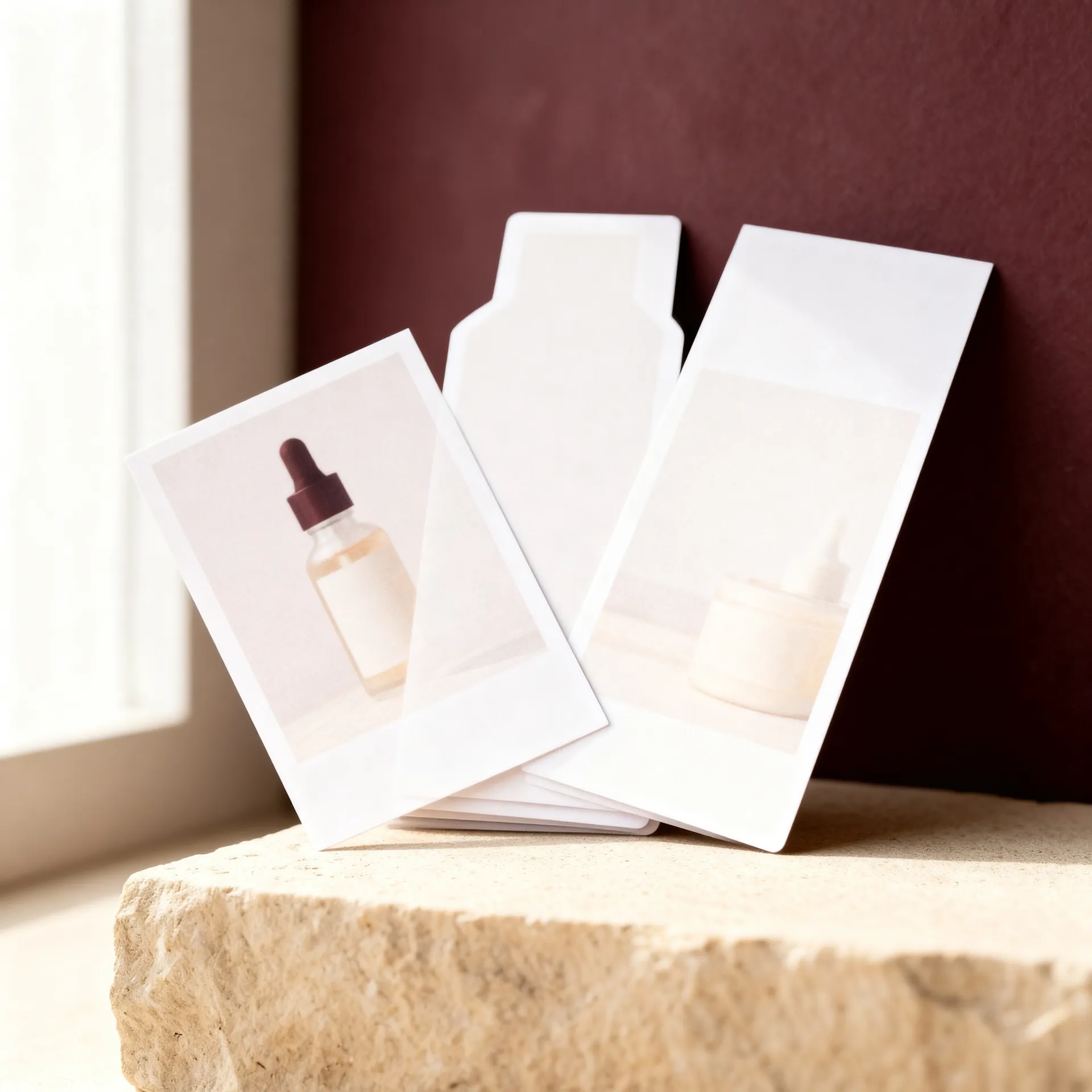 A small stack of printed cards in different shapes, one square, one tall and one wide, fanned out against a burgundy wall on a stone ledge, each printed with the same cream skincare scene. Stage four of the campaign workflow, adapting one direction to each placement, image generated with AI on getimg.ai.