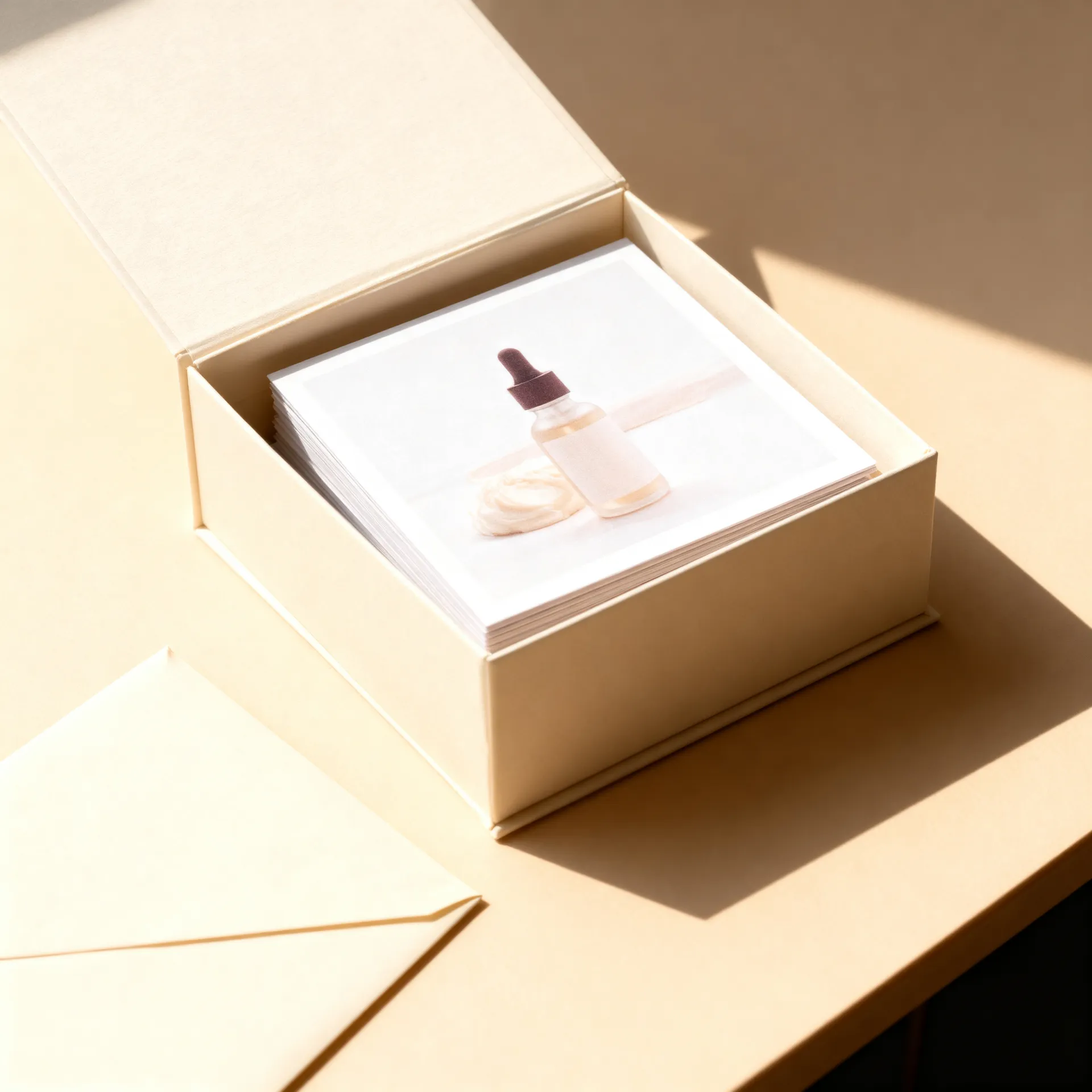 Finished campaign prints squared up inside an open cream presentation box on a sunlit desk, with a cream envelope beside it and the top card showing the serum still life. Stage five of the campaign workflow, final delivery of the asset pack, image generated with AI on getimg.ai.