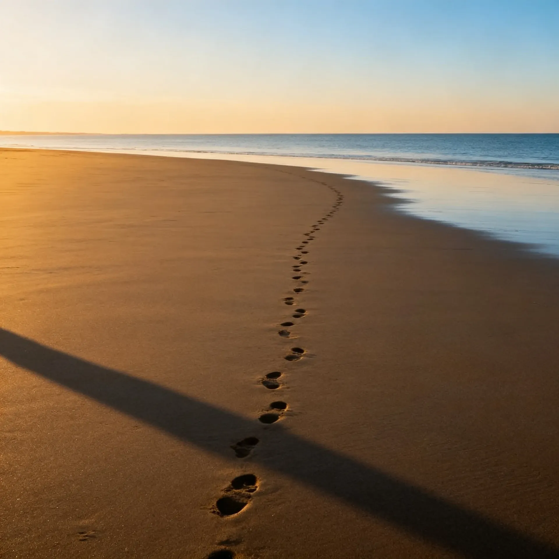 Empty beach at golden hour with a single line of footprints and a wide expanse of sky and sea. Example of a frame with room to extend by outpainting on getimg.ai, generated with getimg.ai.