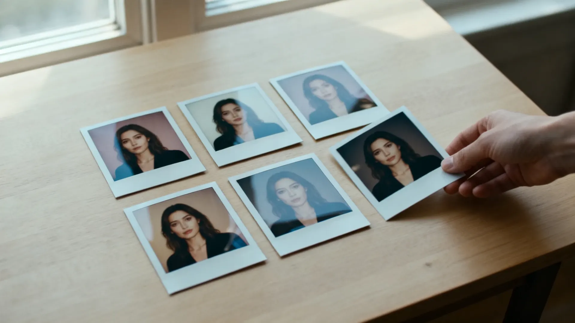 Six small work prints of the same studio portrait laid out on a pale wooden table, each with a different background and lighting direction, with a hand lifting one of them. Illustrates generative editing as a way to explore directions before finishing one, generated with getimg.ai.