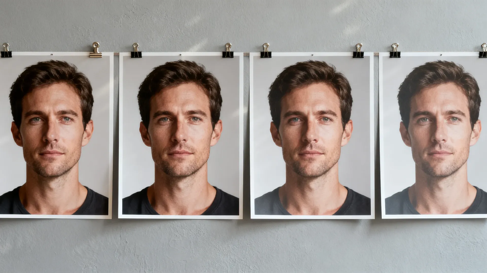 Four prints of the same studio portrait pinned side by side on a grey studio wall, each rendering skin and light slightly differently. Illustrates how different AI image models handle the same photograph on getimg.ai, generated with getimg.ai.