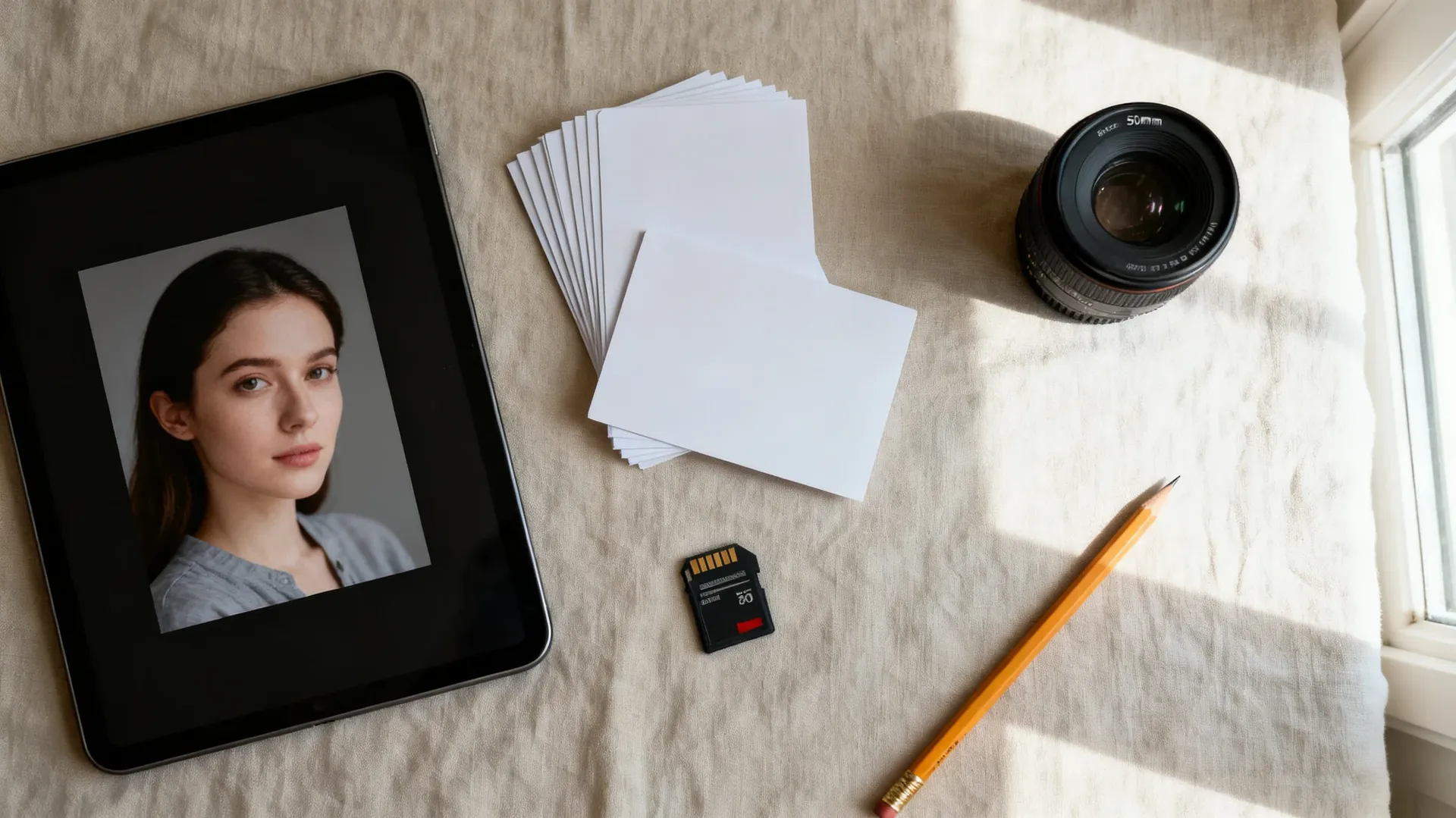 Overhead photographer's desk with a tablet showing a portrait mid-edit, blank index cards, a 50mm lens, a memory card and a pencil on pale linen. Illustrates writing photography edit prompts for getimg.ai, generated with getimg.ai.