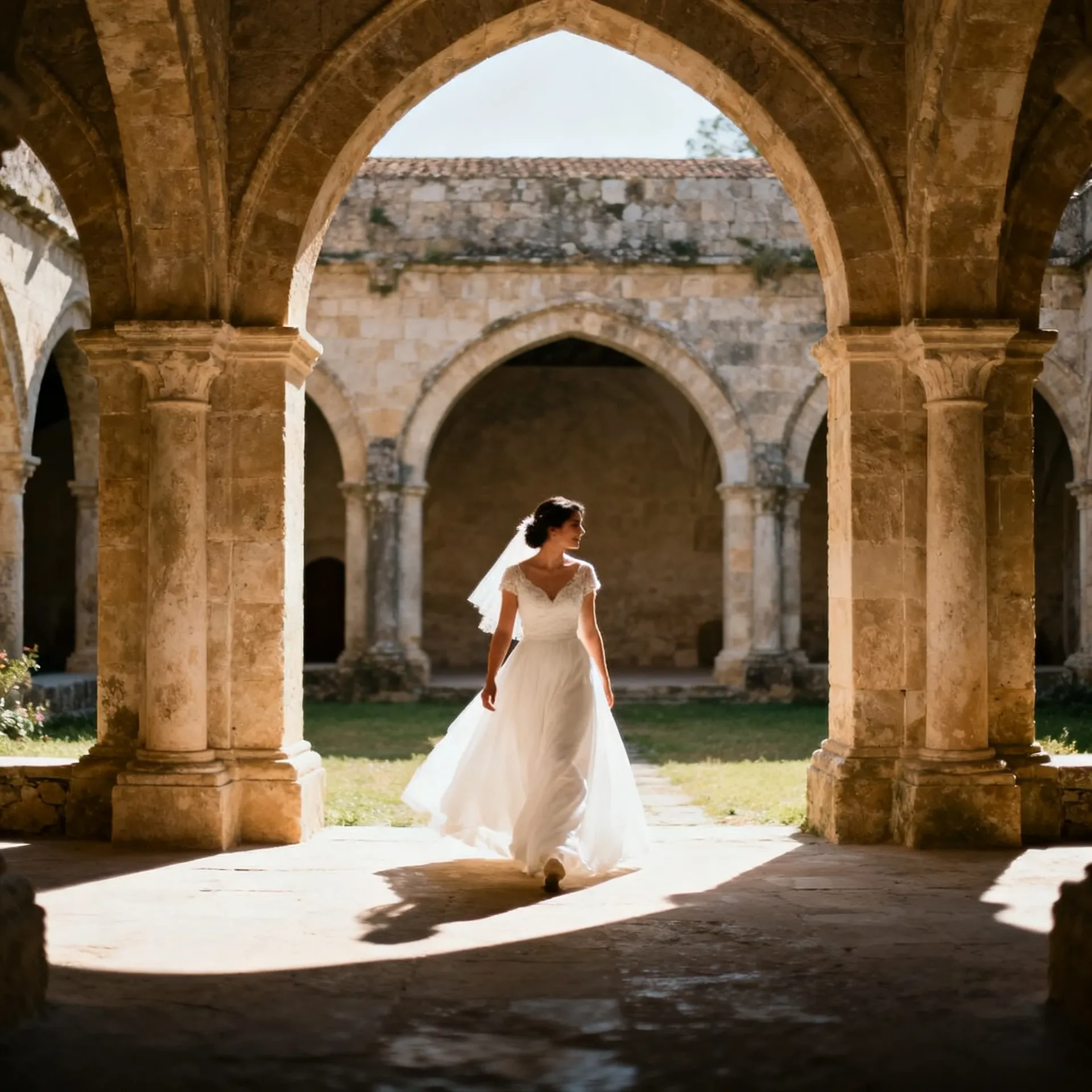 Bride walking through a sunlit stone cloister, framed with generous space around her so the shot can be recropped for other formats. Example of reframing and resizing on getimg.ai, generated with getimg.ai.