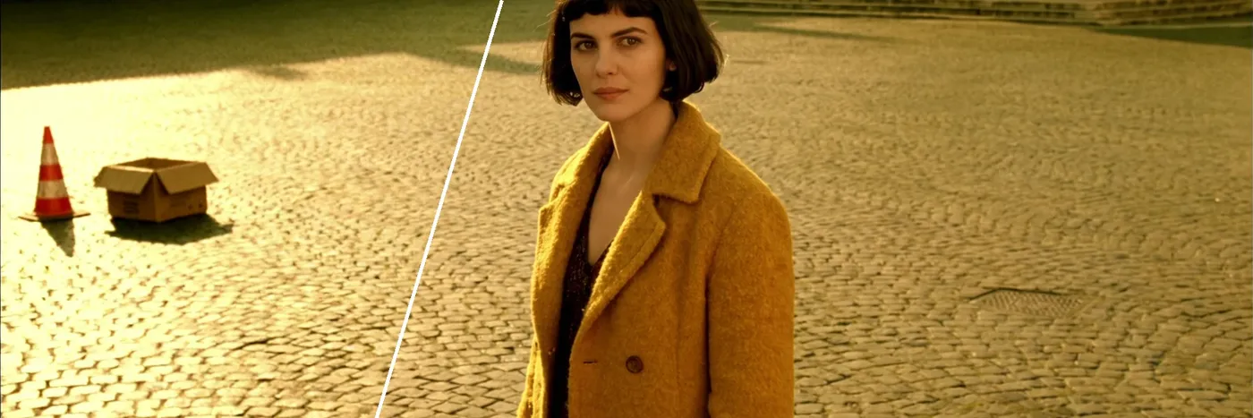Before and after comparison of a travel portrait on a cobbled square: the left half still shows a traffic cone and a cardboard box, the right half shows them and a passing tourist removed with the paving rebuilt. Edited with getimg.ai.