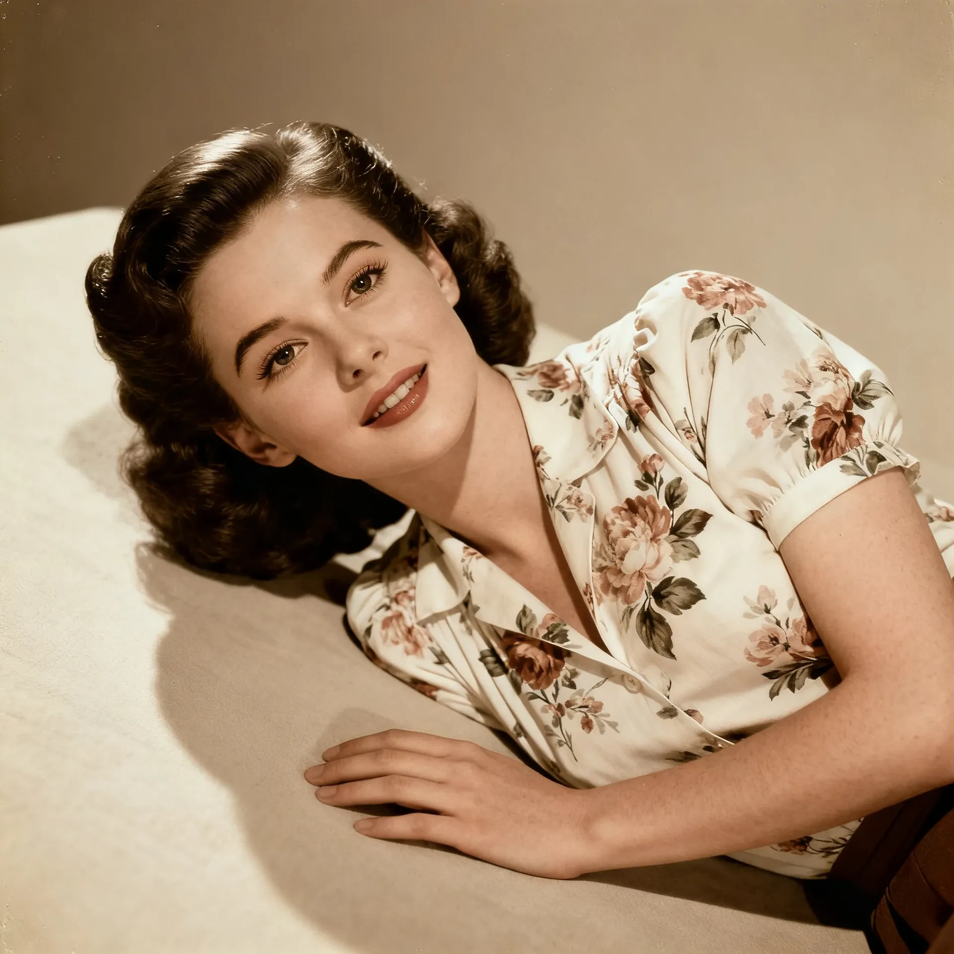 Colourised 1950s studio portrait of a young woman in a floral blouse after restoration, with natural skin tones and soft studio light. Example of photo restoration on getimg.ai, generated with getimg.ai.