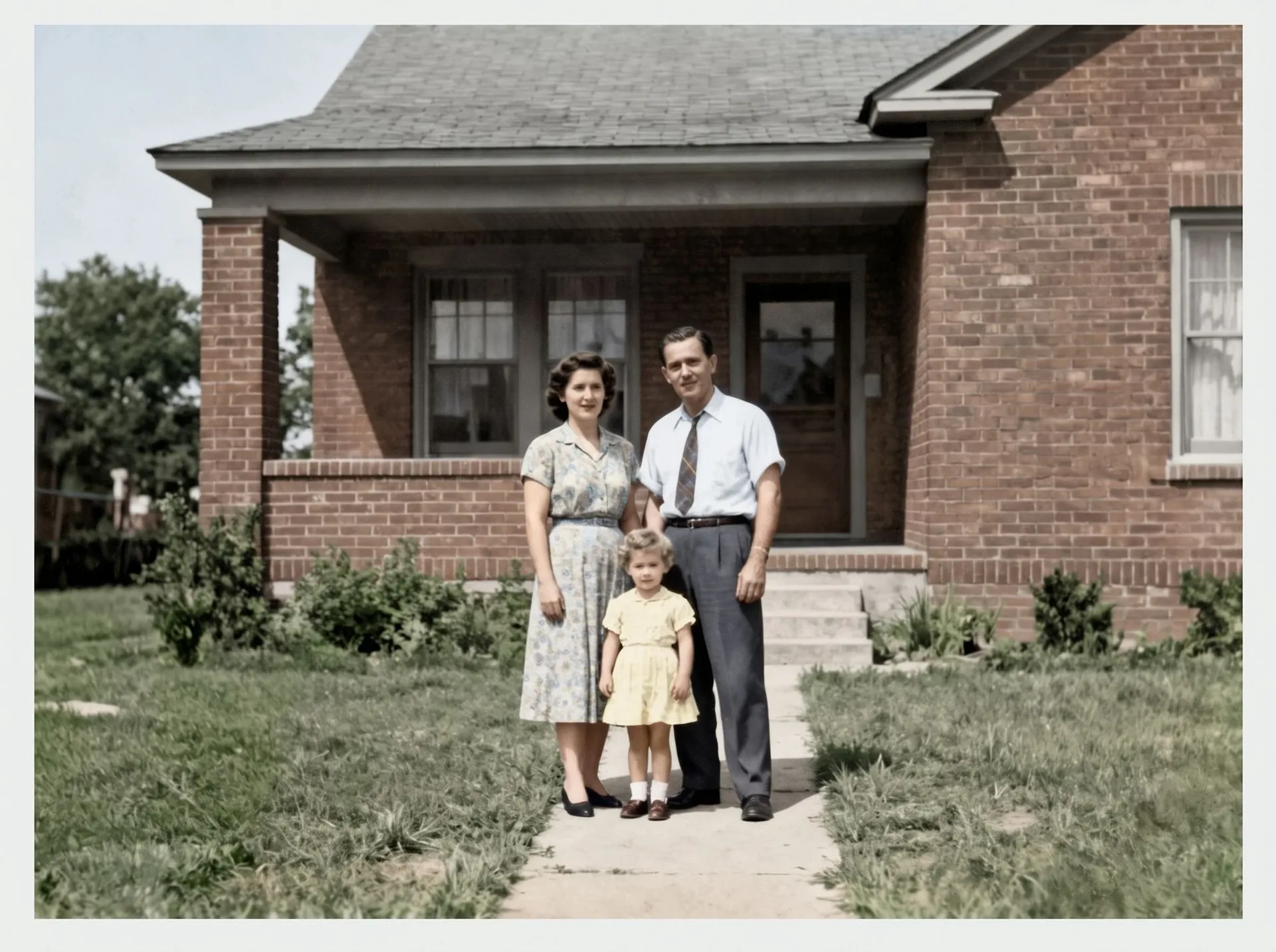 The same 1950s family photograph restored and colourised: surface damage removed and faces, clothing and garden reconstructed in colour. Processed with the Photo restoration Action on getimg.ai.