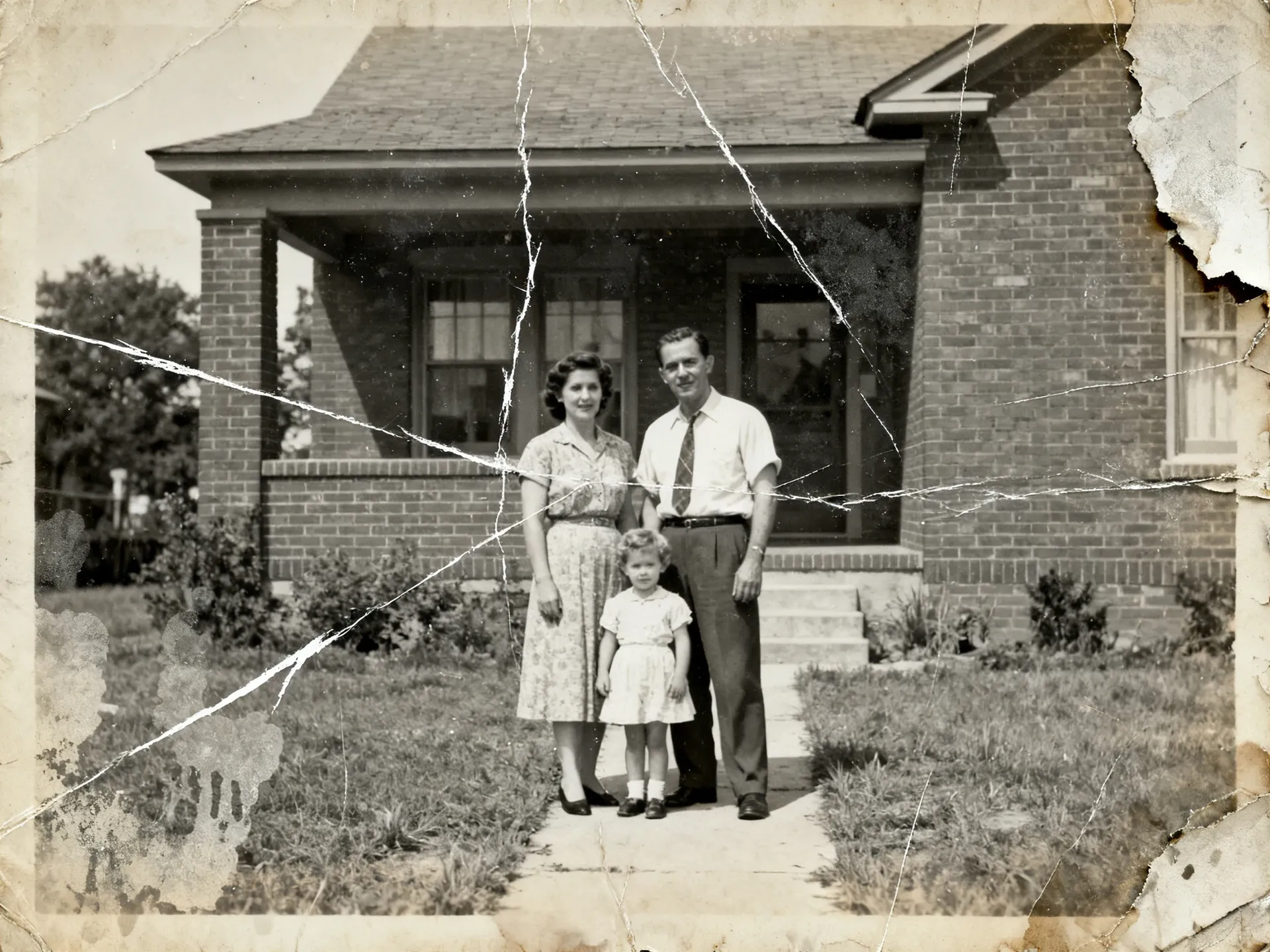 Damaged 1950s black-and-white family photograph of two parents and a child outside a brick house, with deep creases, scratches, water staining and a torn corner. Source scan for getimg.ai's photo-restoration test, generated with getimg.ai.