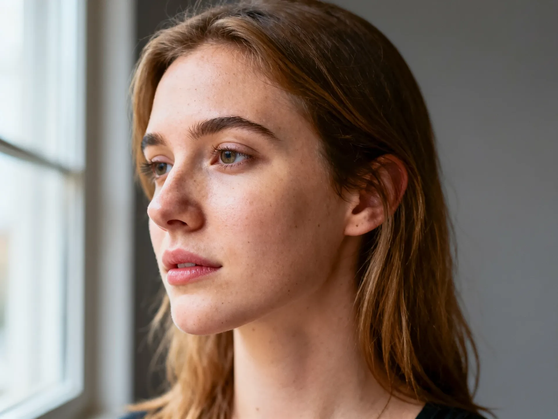 The same window-lit portrait after an AI skin-cleanup edit: redness and blemishes reduced while pores and freckles stay visible. Edited with FLUX 3 on getimg.ai.