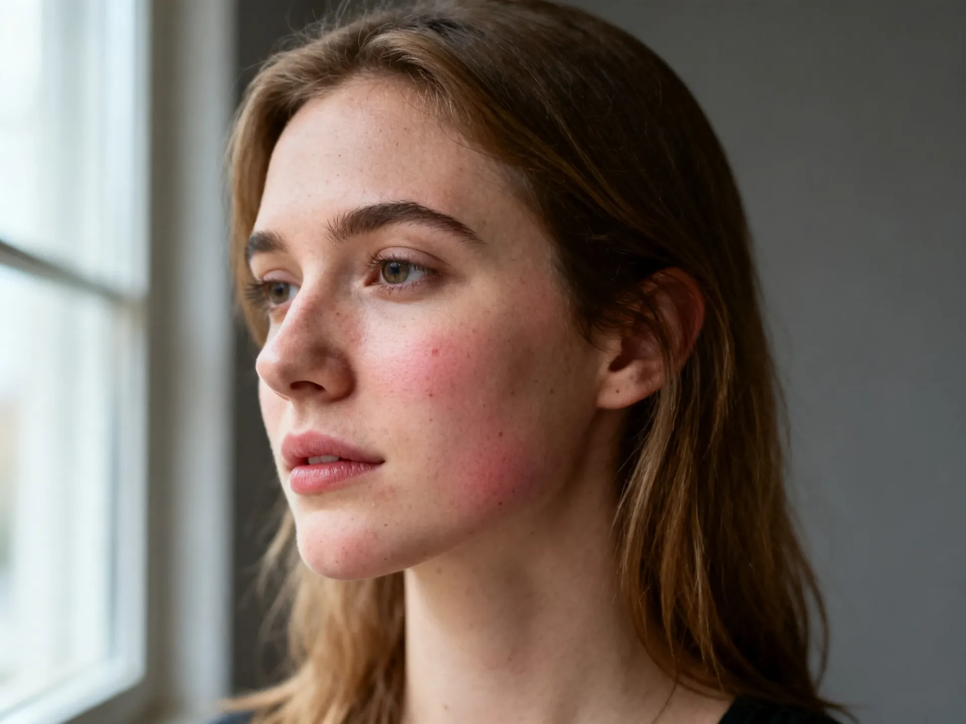 Unretouched editorial portrait of a woman in soft window light, with visible redness and small blemishes across her cheek and chin. Source photo for getimg.ai's skin-cleanup editing test, generated with getimg.ai.