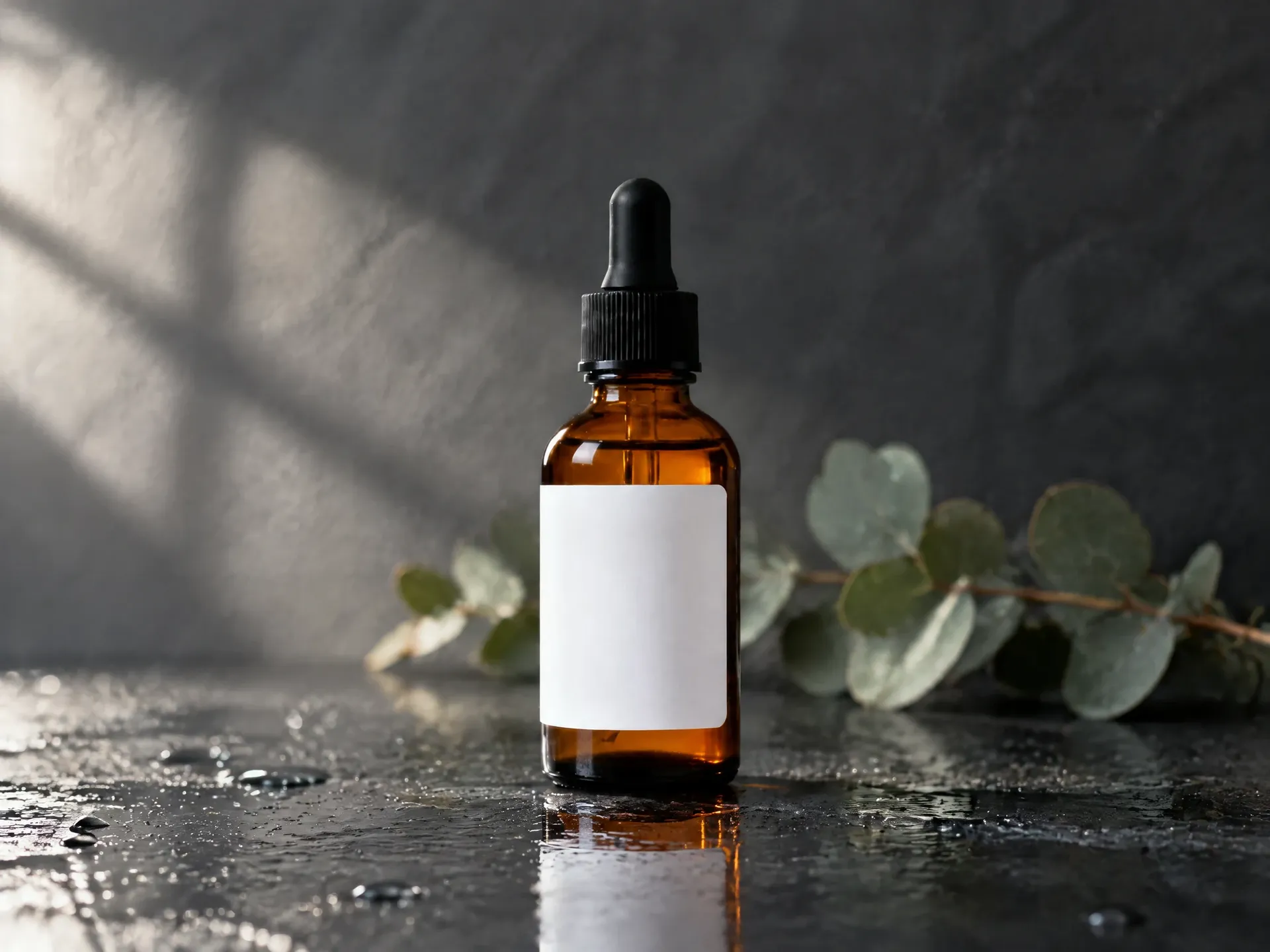The same amber serum bottle in the same position and scale, now standing on wet dark slate with water droplets, window light and an out-of-focus eucalyptus sprig behind it. Background-replacement result edited with GPT Image 2.5 Flare on getimg.ai.