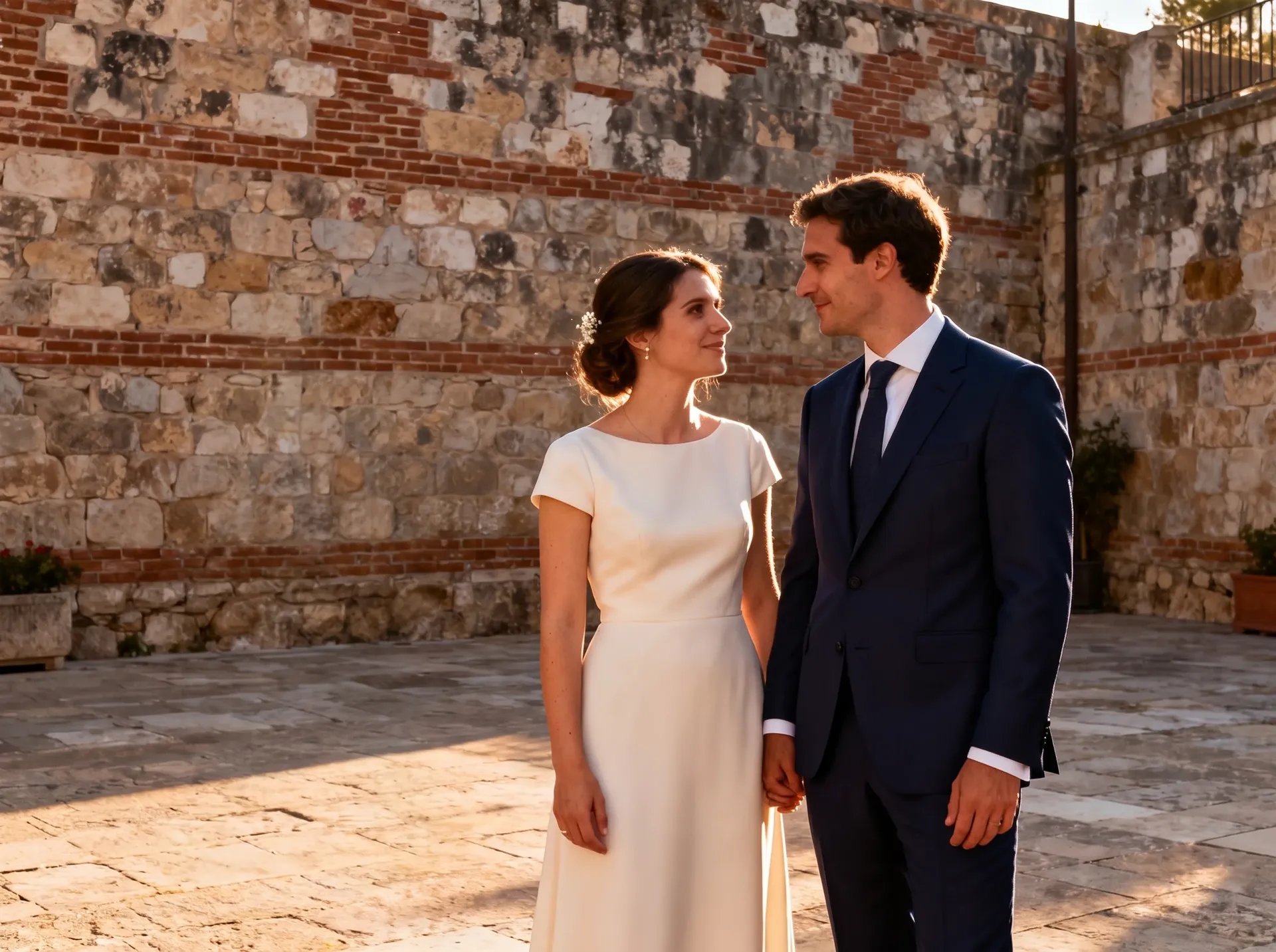 The same courtyard wedding portrait with the background passer-by removed and the stone and brick wall rebuilt behind him. Edited with Nano Banana 2.1 on getimg.ai.