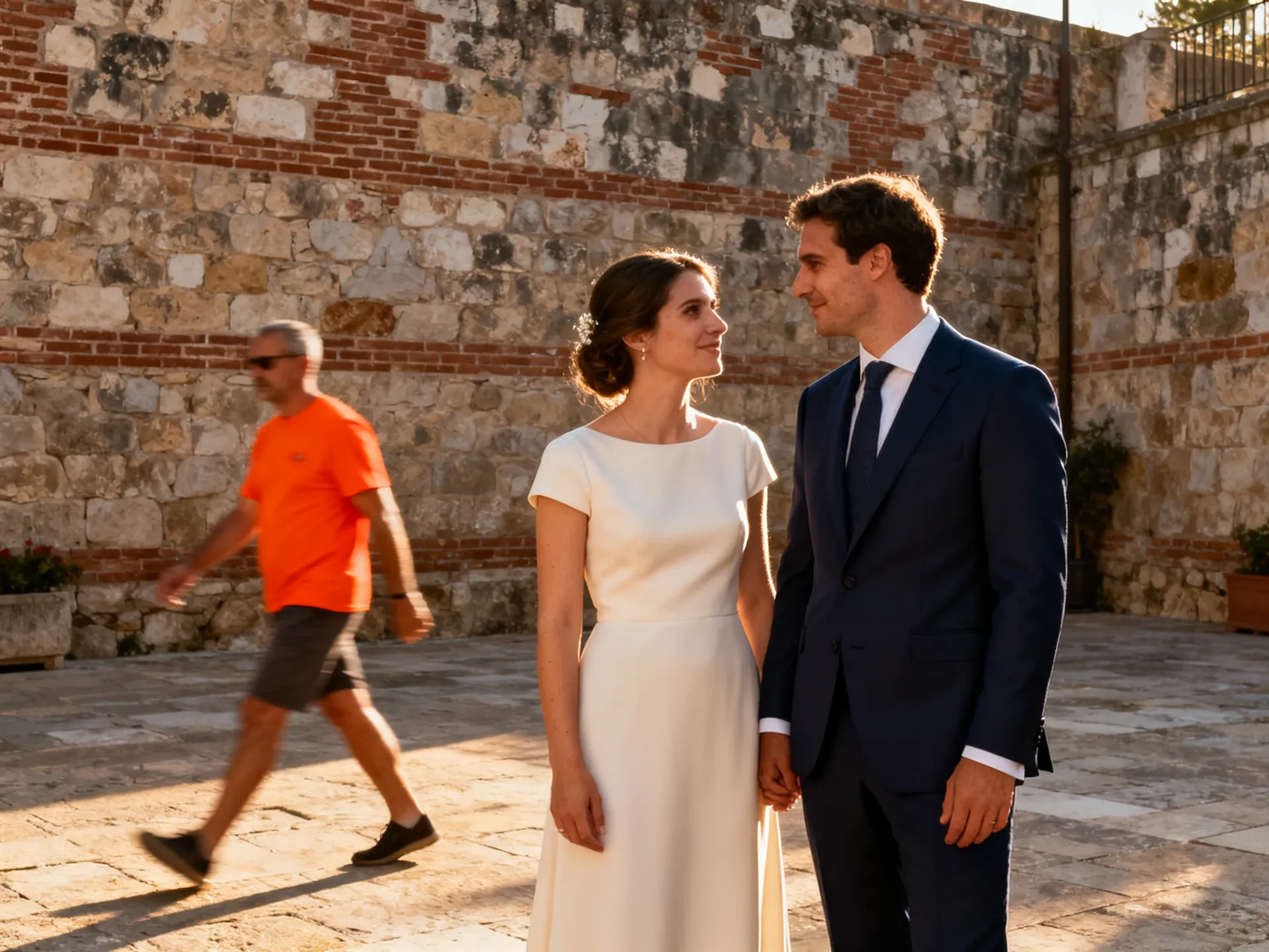 Bride and groom holding hands in a sunlit stone courtyard, with a hotel guest in an orange t-shirt walking through the background. Source photo for getimg.ai's object-removal editing test, generated with getimg.ai.