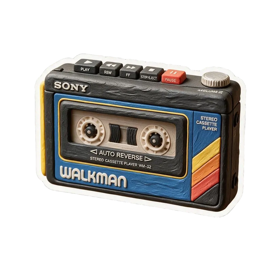The same Sony Walkman redrawn as a die-cut AI sticker in a bold-outline cartoon style, generated by the Sticker maker on getimg.ai.