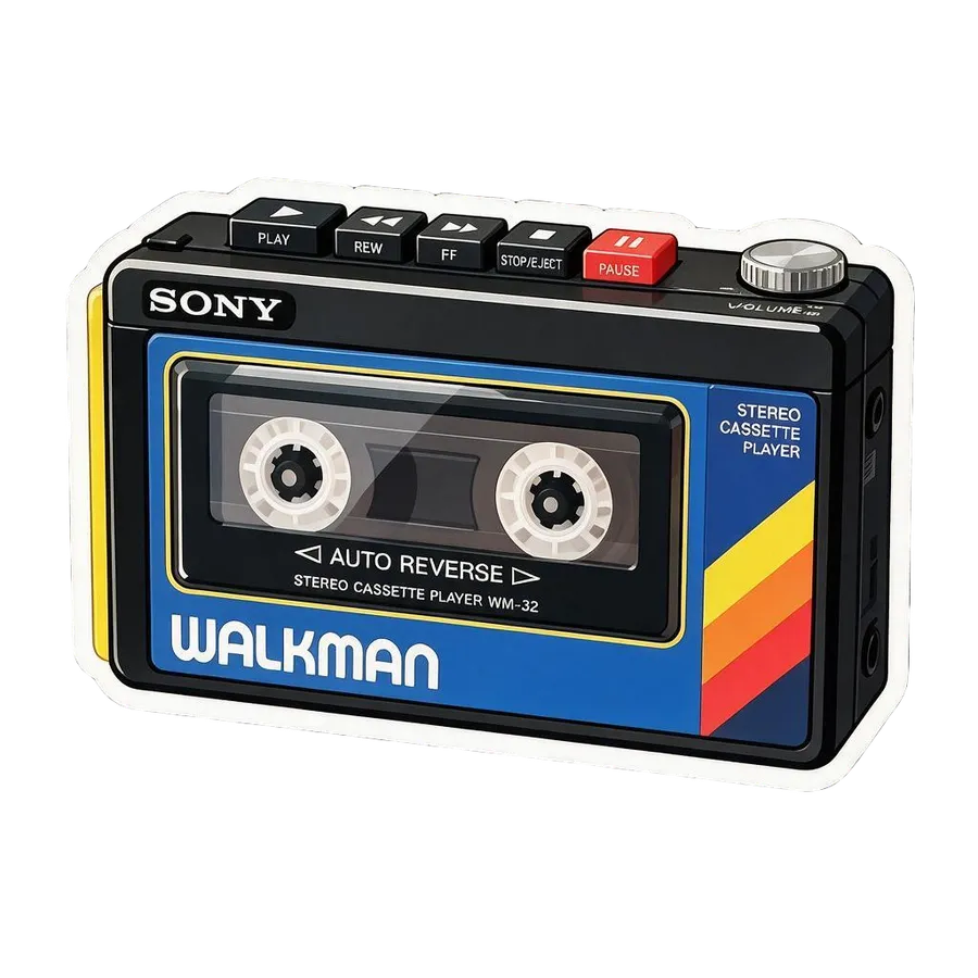 The same Sony Walkman redrawn as a die-cut AI sticker in a smooth 3D cartoon style, generated by the Sticker maker on getimg.ai.