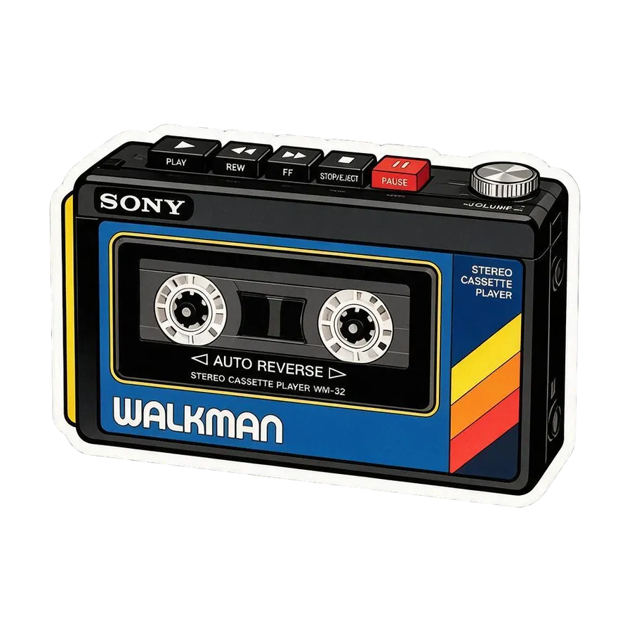 The same Sony Walkman redrawn as a die-cut AI sticker in a bold-outline comic style, generated by the Sticker maker on getimg.ai.