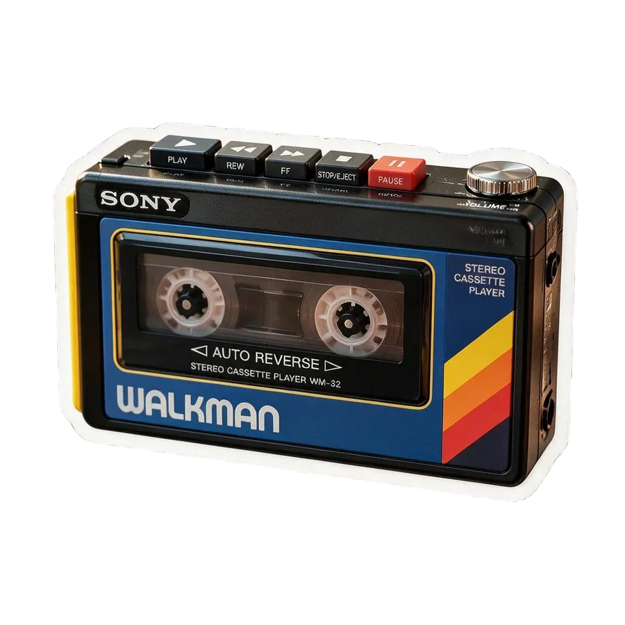 The same Sony Walkman redrawn as a die-cut AI sticker in a glossy vector illustration style at a three-quarter angle, generated by the Sticker maker on getimg.ai.