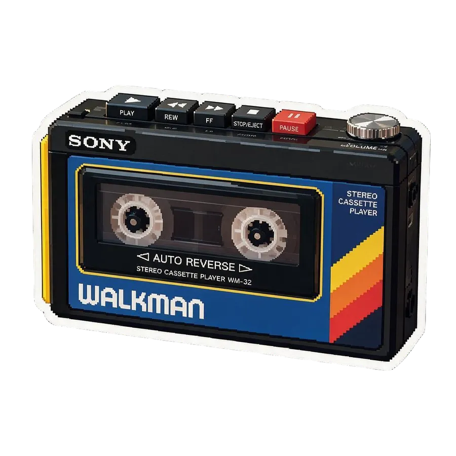 The same Sony Walkman redrawn as a die-cut AI sticker in a retro pixel-art style, generated by the Sticker maker on getimg.ai.
