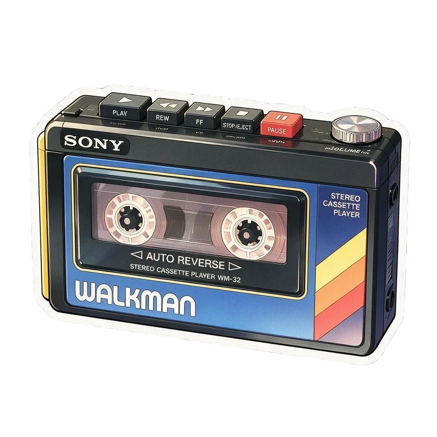 The same Sony Walkman redrawn as a die-cut AI sticker in a clean vector cartoon style, generated by the Sticker maker on getimg.ai.