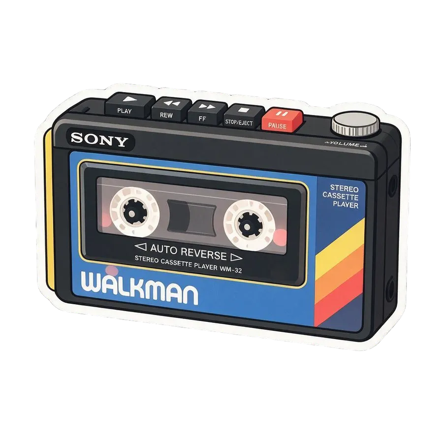 The Sony Walkman from the reference photo redrawn as a die-cut AI sticker in a flat-colour cartoon style with clean outlines, generated by the Sticker maker on getimg.ai.