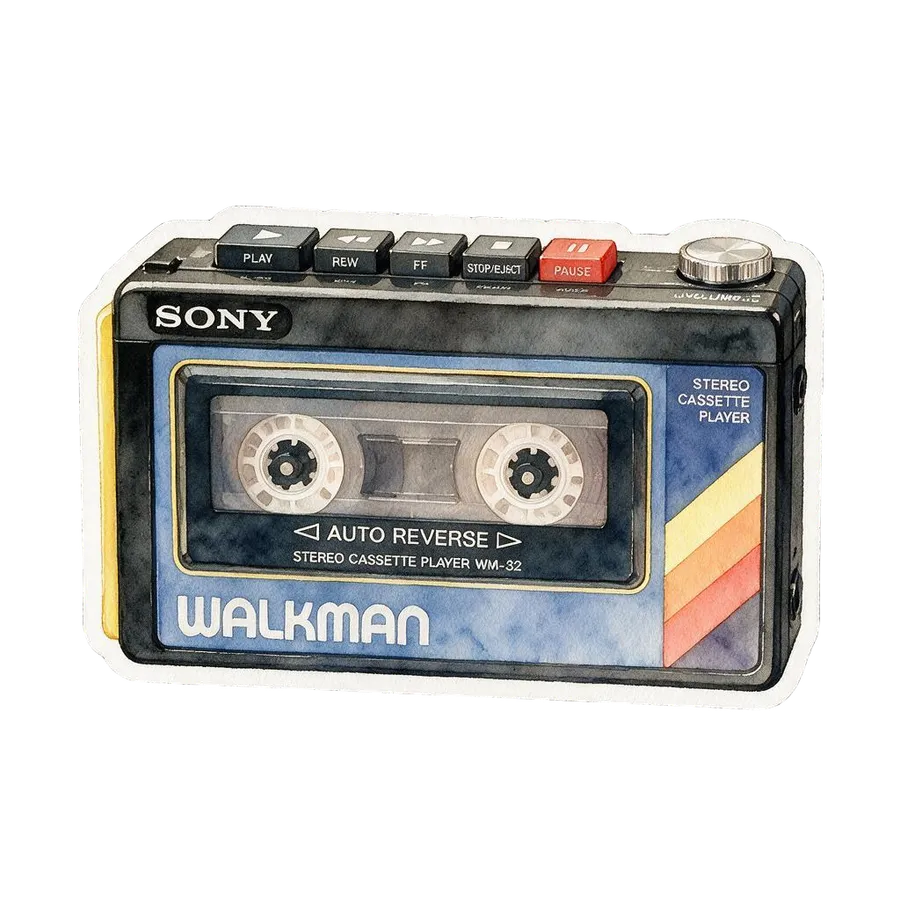 The same Sony Walkman redrawn as a die-cut AI sticker in a matte 3D clay style, generated by the Sticker maker on getimg.ai.