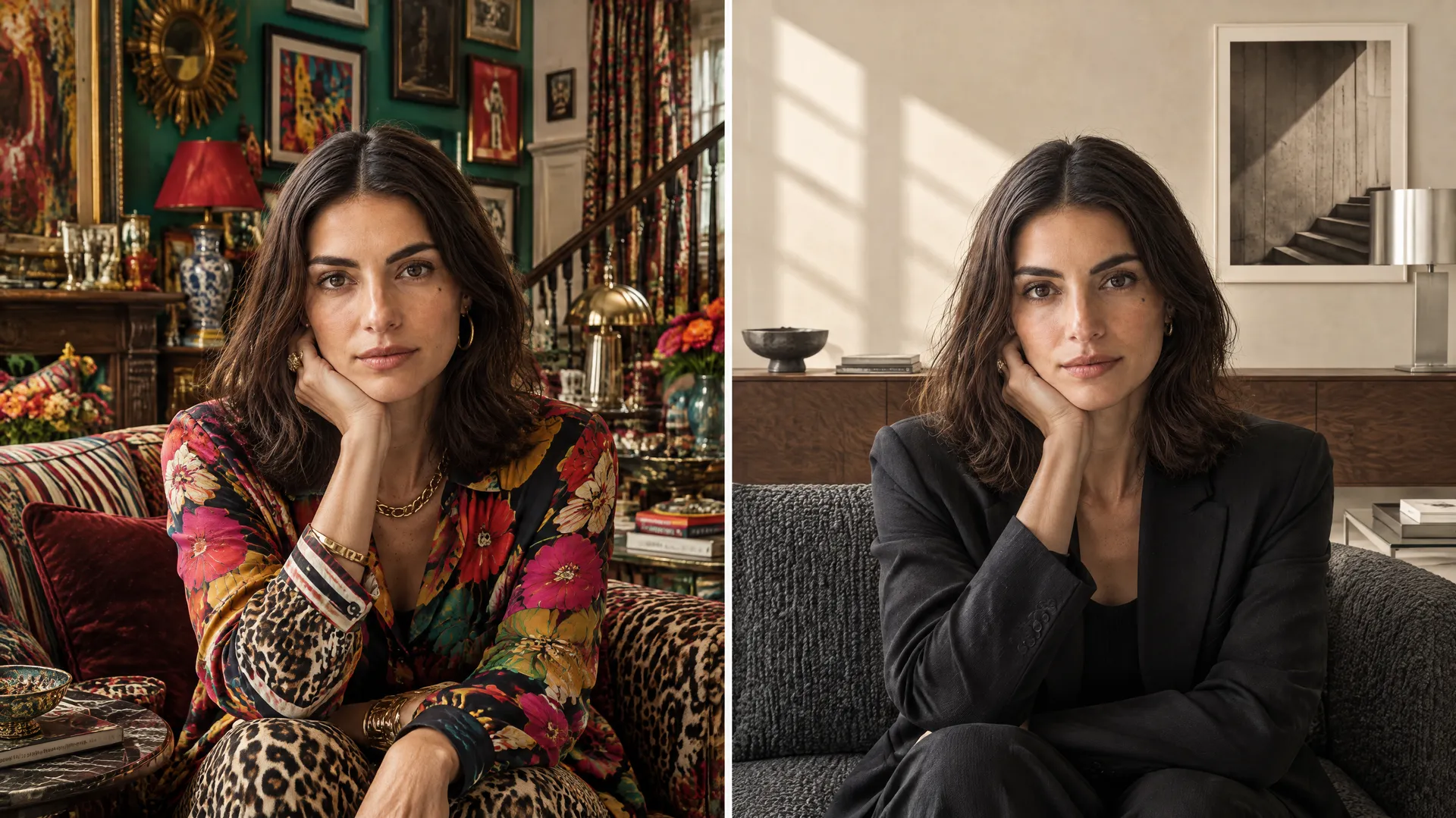 An AI-generated split image of Mara in a chaotic maximalist room in bold prints beside a calm minimalist version in a black suit, contrasting semantic drift with her true brand; created on getimg.ai.