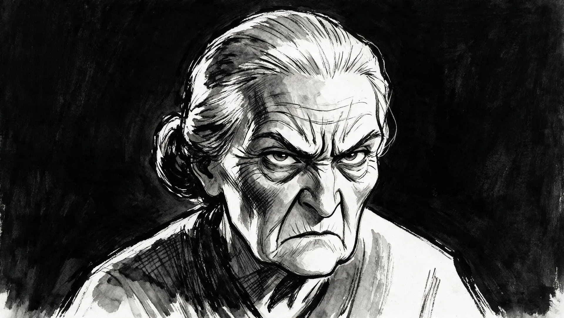 Black-and-white ink caricature of a stern, scowling elderly woman with deep wrinkles, made on getimg.ai