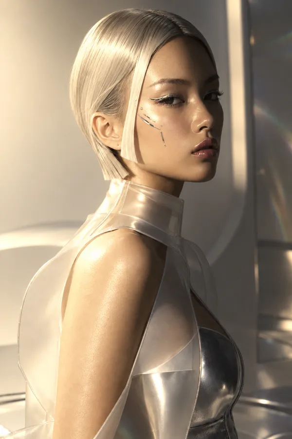 AI relighting example from the Relight Action on getimg.ai: the same futuristic portrait relit with warm, soft cream-toned light from the right, like natural window daylight across her face.