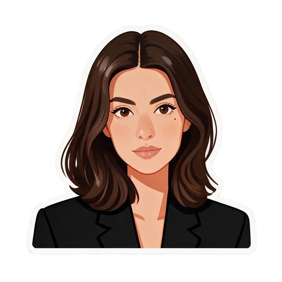 The same woman redrawn as a die-cut AI sticker in a flat-colour cartoon style with clean outlines, generated by the Sticker maker on getimg.ai.