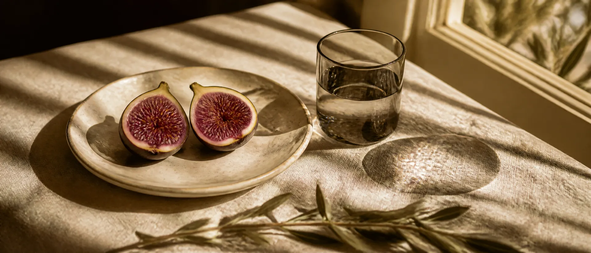 Halved ripe fig on a speckled ceramic plate beside a glass of water, lit by warm sunlight with olive branches in the foreground.