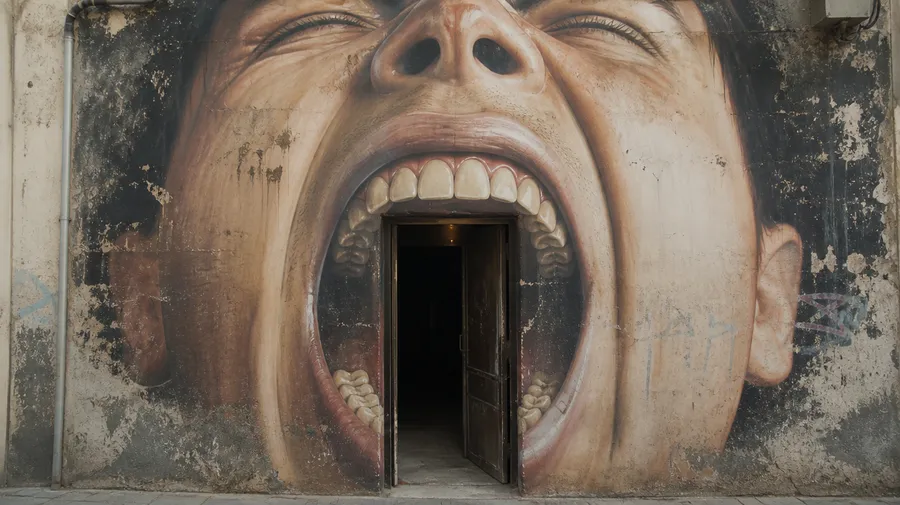 Photorealistic graffiti mural of a giant screaming face with a real doorway for its open mouth, generated with getimg.ai