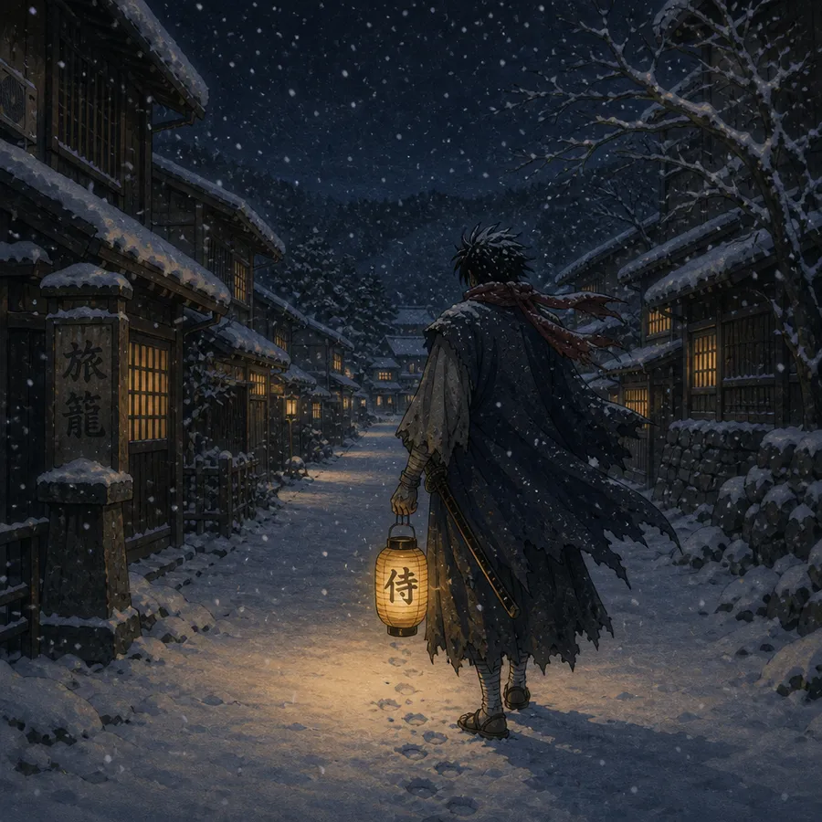 Anime samurai carrying a glowing lantern through a snowy village at night, anime AI art created with getimg.ai.
