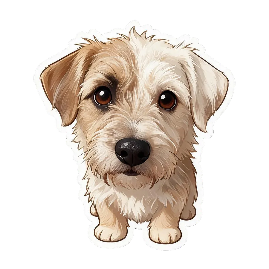 Sticker maker result on getimg.ai: the terrier redrawn as a glossy, soft 3D-cartoon sticker with a white die-cut outline on a transparent background.