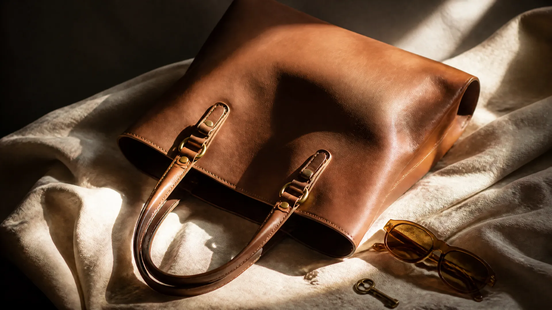 Brown leather tote bag with brass hardware placed on soft cream fabric beside sunglasses and a small key in warm sunlight.