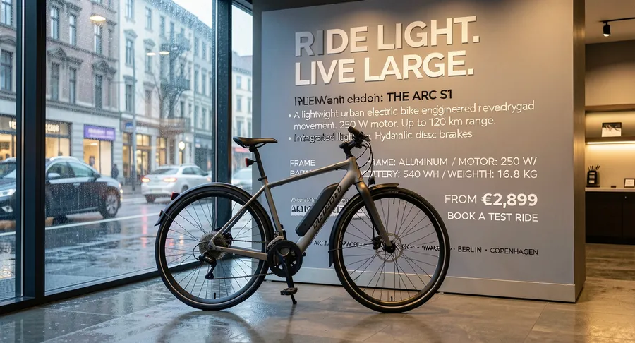 Showroom photo of a premium electric bike beside a floor-to-ceiling advertising panel full of typography, generated on getimg.ai with FLUX.2 [klein] for an AI image realism test.