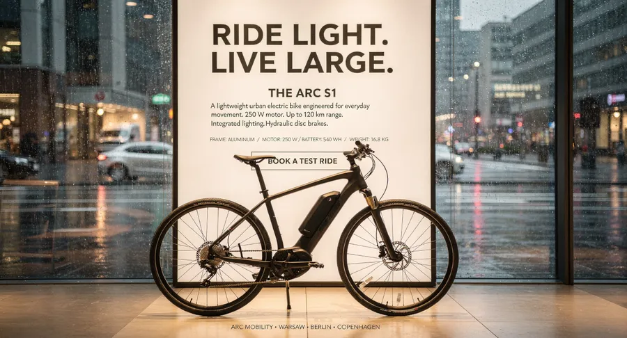 Showroom photo of a premium electric bike beside a floor-to-ceiling advertising panel full of typography, generated on getimg.ai with FLUX.2 [max] for an AI image realism test.