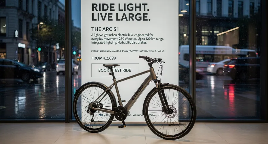 Showroom photo of a premium electric bike beside a floor-to-ceiling advertising panel full of typography, generated on getimg.ai with FLUX.2 [pro] for an AI image realism test.