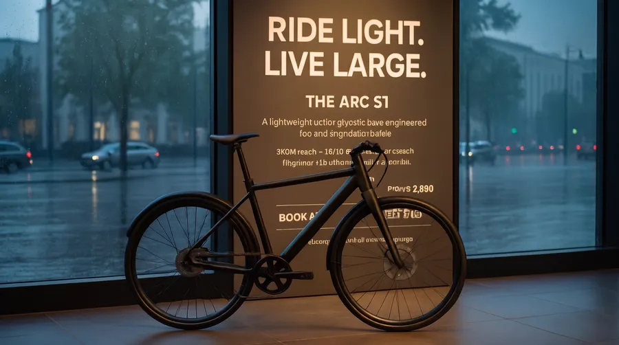 Showroom photo of a premium electric bike beside a floor-to-ceiling advertising panel full of typography, generated on getimg.ai with GPT Image 1 for an AI image realism test.