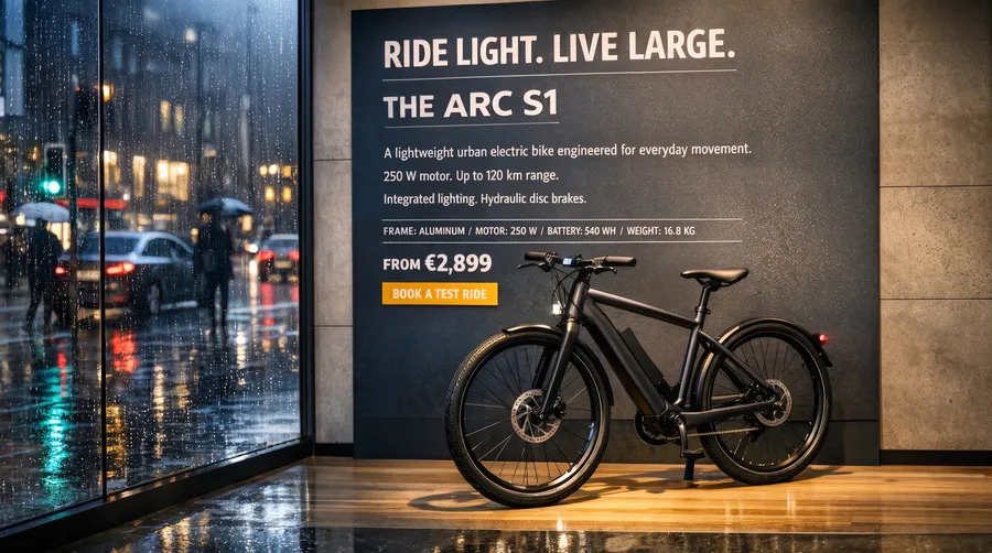 Showroom photo of a premium electric bike beside a floor-to-ceiling advertising panel full of typography, generated on getimg.ai with GPT Image 1.5 for an AI image realism test.