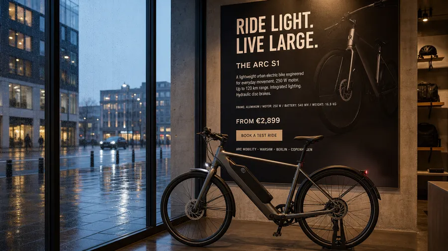 Showroom photo of a premium electric bike beside a floor-to-ceiling advertising panel full of typography, generated on getimg.ai with GPT Image 2 for an AI image realism test.
