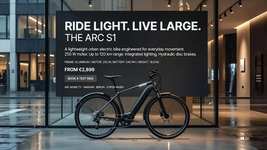 Showroom photo of a premium electric bike beside a floor-to-ceiling advertising panel full of typography, generated on getimg.ai with Grok Imagine for an AI image realism test.