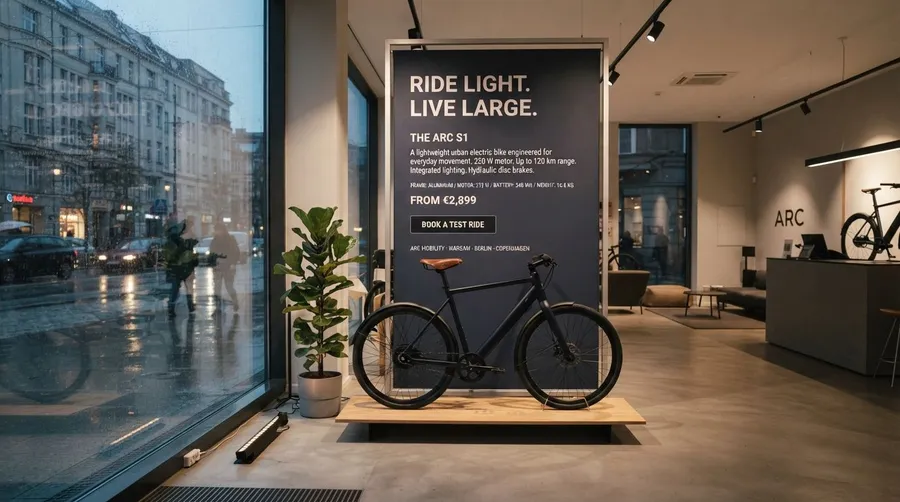 Showroom photo of a premium electric bike beside a floor-to-ceiling advertising panel full of typography, generated on getimg.ai with Nano Banana 2 Lite for an AI image realism test.