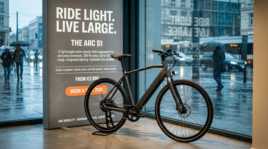 Showroom photo of a premium electric bike beside a floor-to-ceiling advertising panel full of typography, generated on getimg.ai with Nano Banana 2 for an AI image realism test.