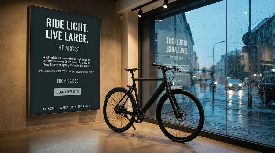 Showroom photo of a premium electric bike beside a floor-to-ceiling advertising panel full of typography, generated on getimg.ai with Nano Banana Pro for an AI image realism test.